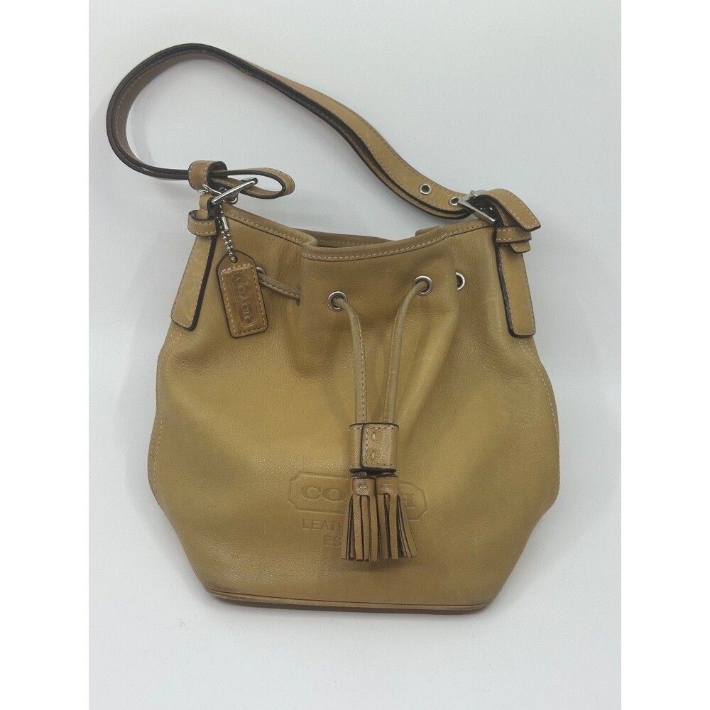 Vintage Authentic Coach 7554 Camel Leather Drawstring Bucket Bag Tassel Y2K